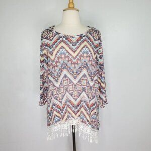 Younique Multi-Color Tribal Aztec Fringe Lace Stretchy Sweater Top NEW Size 3X